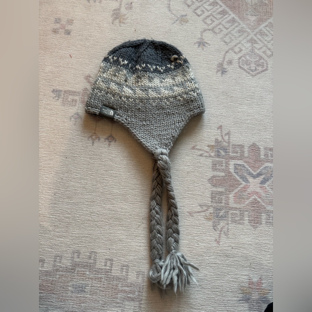 North Face Warm Gray Knit Beanie with Earflaps